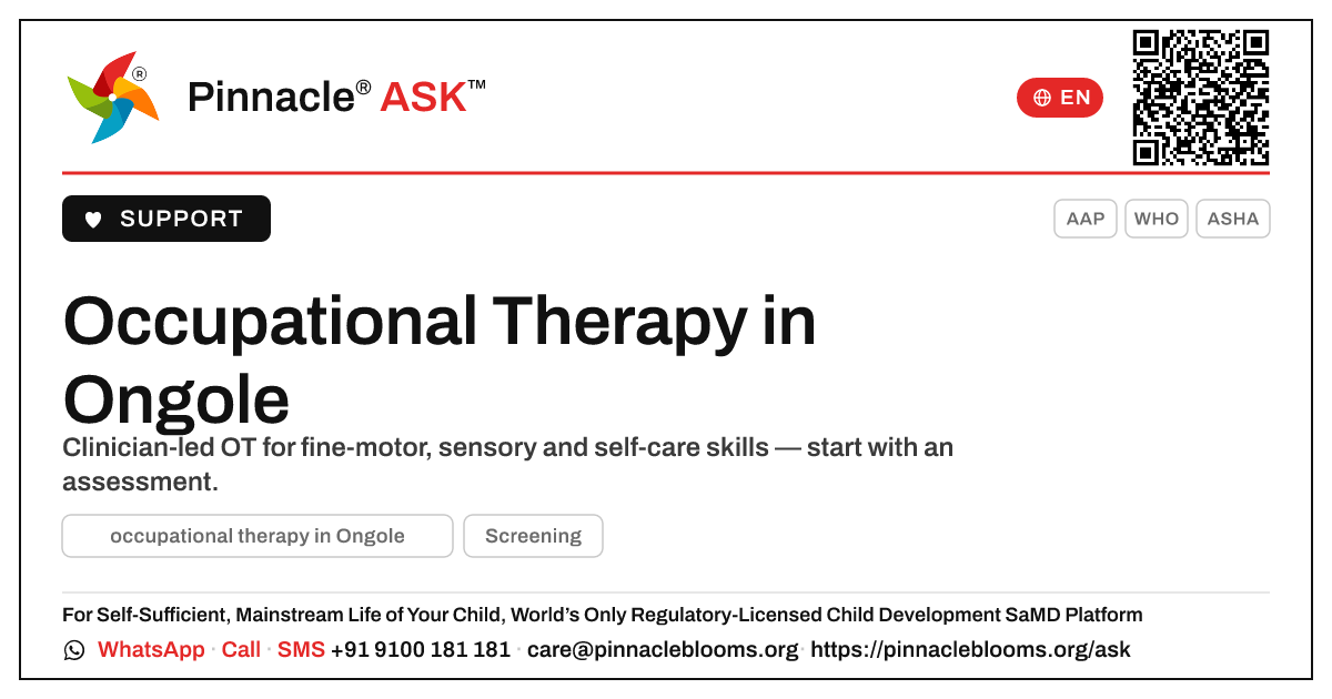 Where can I find occupational therapy in Ongole? — Pinnacle Ask answer card with a short explanation and QR link