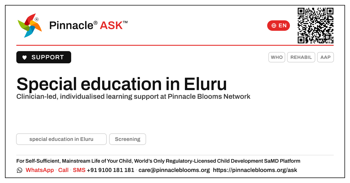Where can I find special education in Eluru? — Pinnacle Ask answer card with a short explanation and QR link