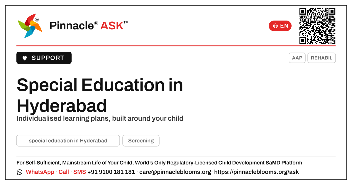 Where can I find special education in Hyderabad? — Pinnacle Ask answer card with a short explanation and QR link