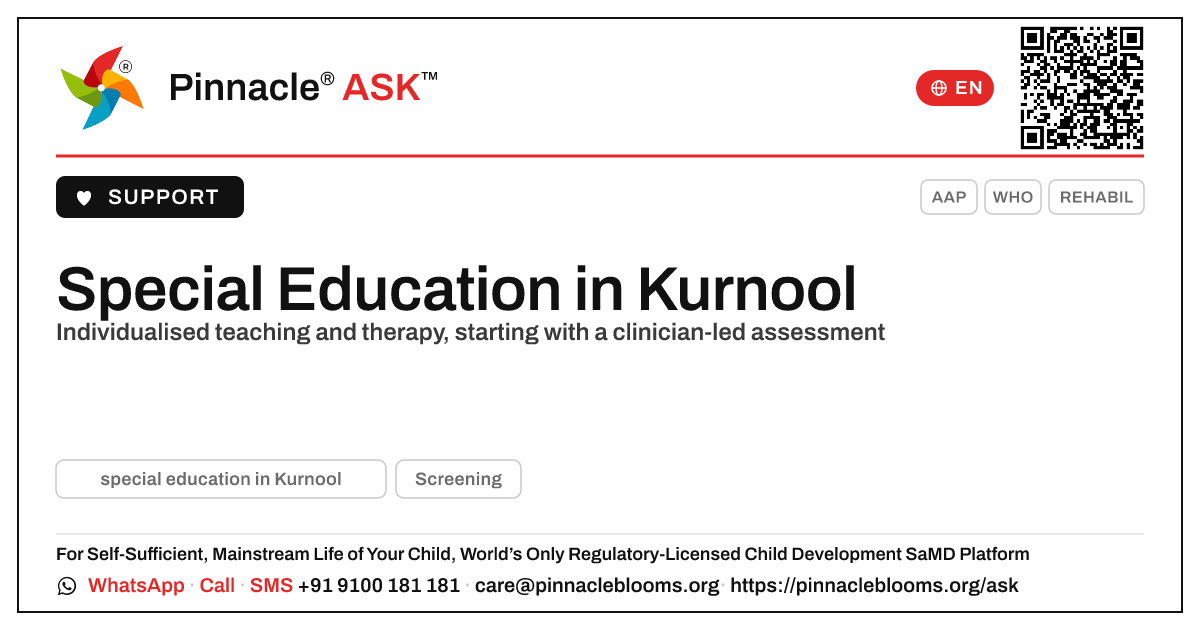 Where can I find special education in Kurnool? — Pinnacle Ask answer card with a short explanation and QR link