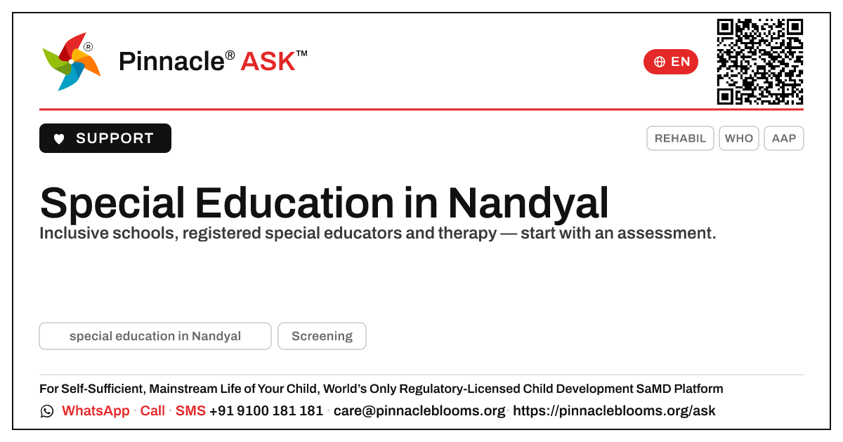 Where can I find special education in Nandyal? — Pinnacle Ask answer card with a short explanation and QR link