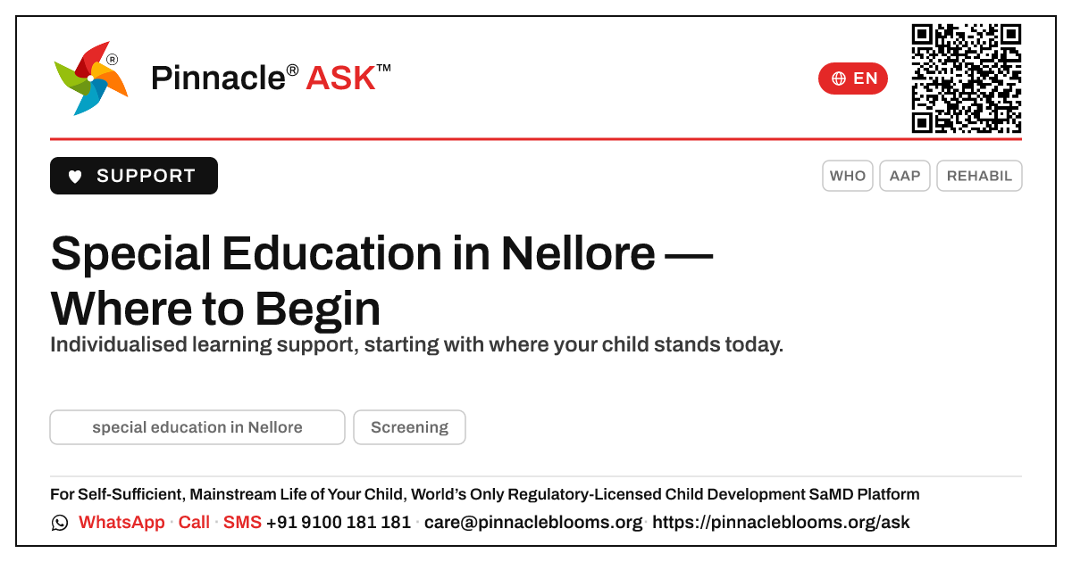 Where can I find special education in Nellore? — Pinnacle Ask answer card with a short explanation and QR link