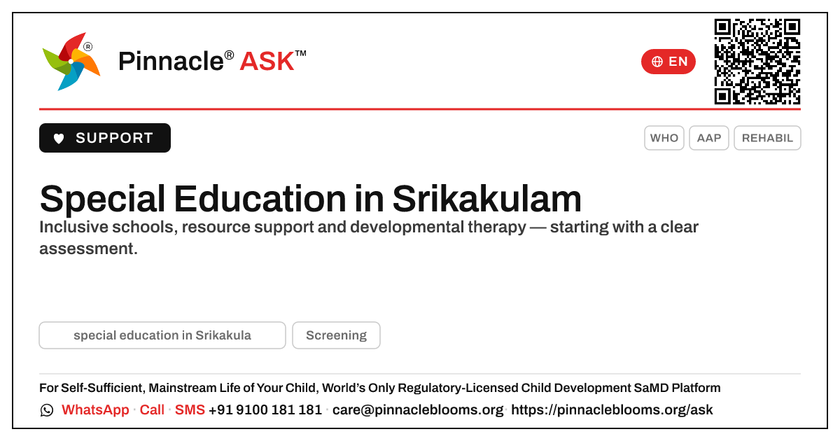 Where can I find special education in Srikakulam? — Pinnacle Ask answer card with a short explanation and QR link