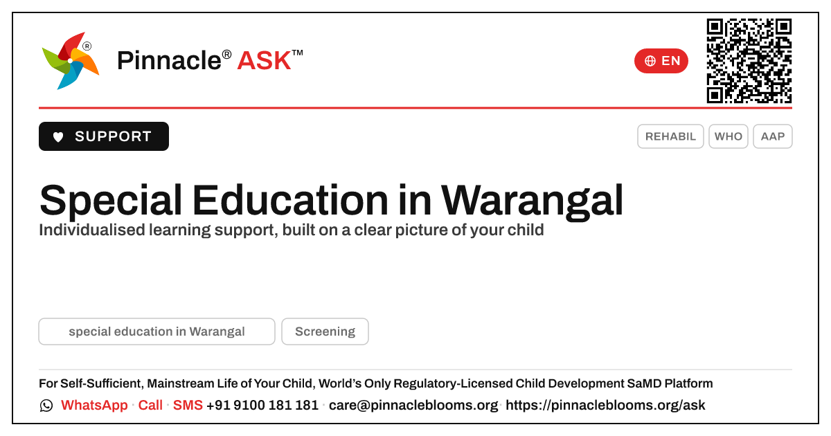 Where can I find special education in Warangal? — Pinnacle Ask answer card with a short explanation and QR link