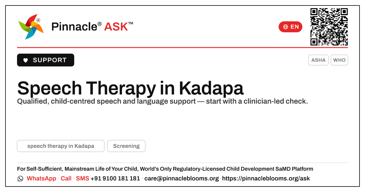 Where can I find speech therapy in Kadapa? — Pinnacle Ask answer card with a short explanation and QR link