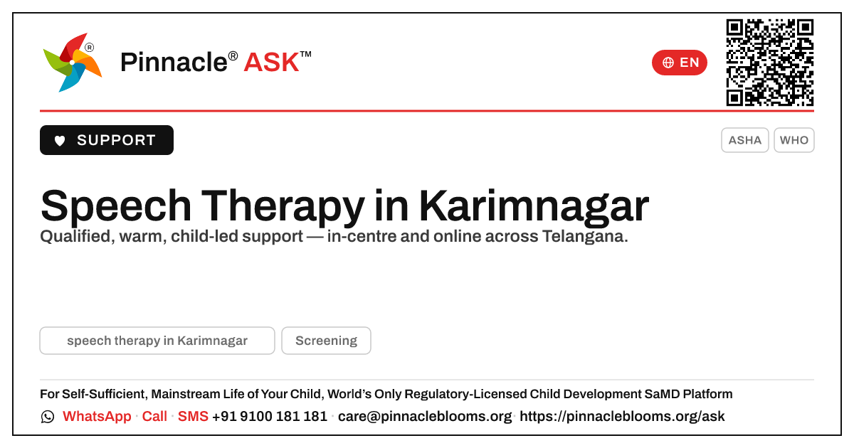 Where to Find Speech Therapy in Karimnagar — Pinnacle Ask answer card with a short explanation and QR link