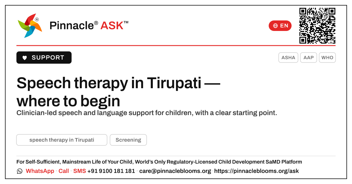 Where can I find speech therapy in Tirupati? — Pinnacle Ask answer card with a short explanation and QR link
