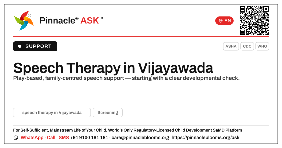 Where can I find speech therapy in Vijayawada? — Pinnacle Ask answer card with a short explanation and QR link