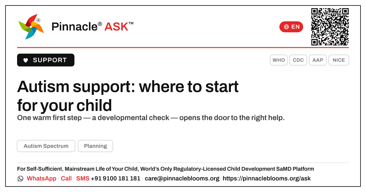 Where should I start to get help for a child with Autism Spectrum? — Pinnacle Ask answer card with a short explanation and QR link