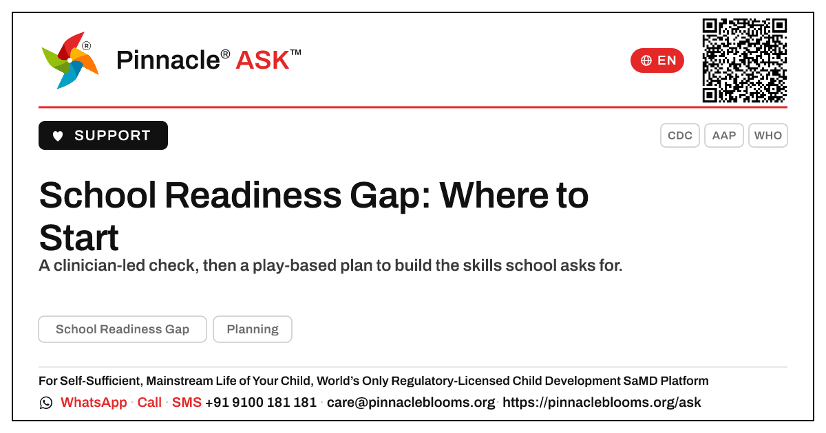 Where to start for a child with a school readiness gap — Pinnacle Ask answer card with a short explanation and QR link