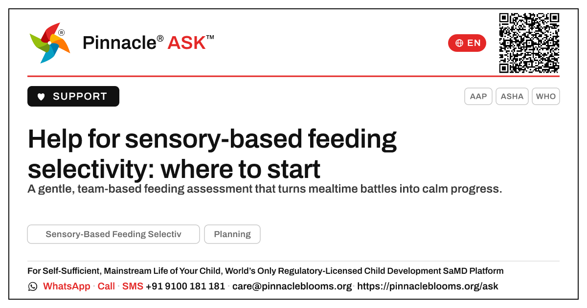 Where to start for sensory-based feeding selectivity — Pinnacle Ask answer card with a short explanation and QR link