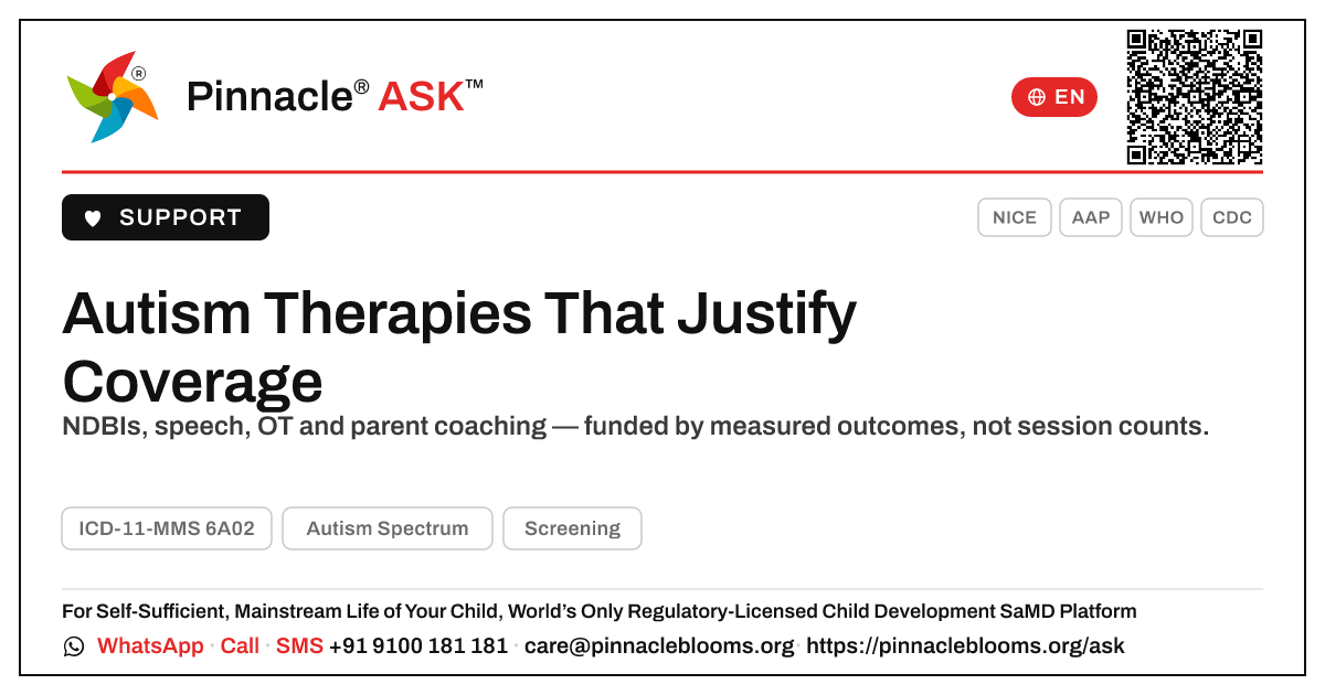 Which Early-Childhood Autism Therapies Justify Coverage? — Pinnacle Ask answer card with a short explanation and QR link