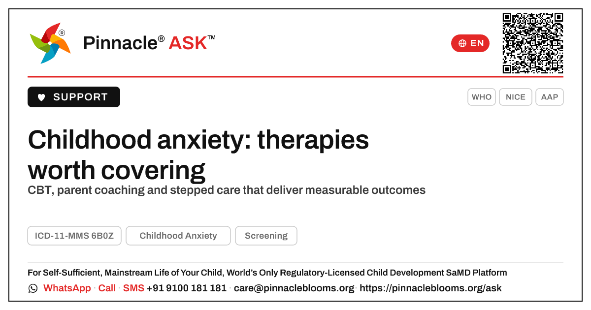 Childhood anxiety therapies that justify coverage — Pinnacle Ask answer card with a short explanation and QR link