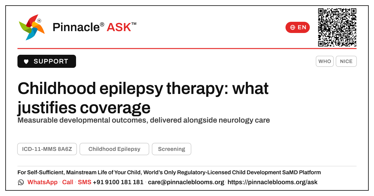 Childhood epilepsy: therapy services that justify coverage — Pinnacle Ask answer card with a short explanation and QR link