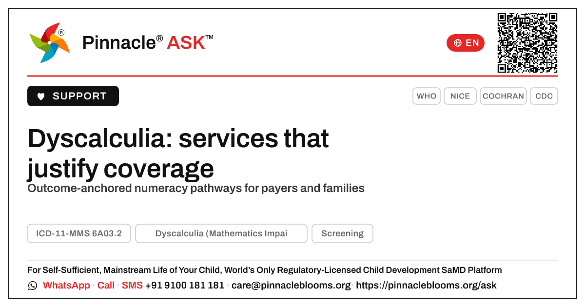 Which dyscalculia services justify coverage — Pinnacle Ask answer card with a short explanation and QR link
