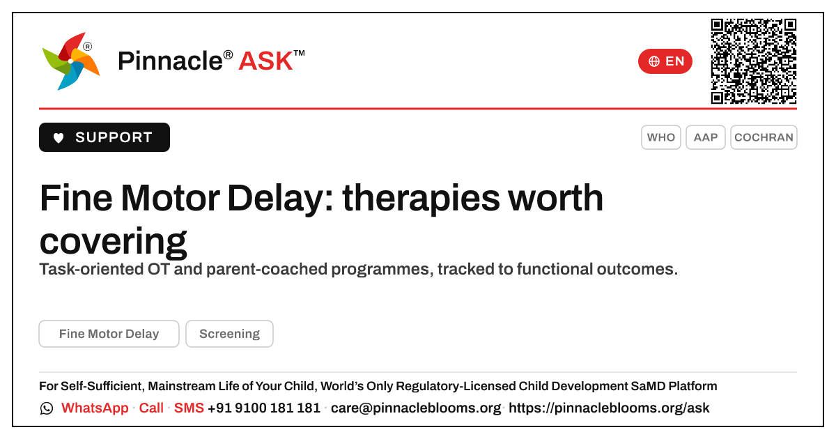 Fine Motor Delay therapies that justify coverage — Pinnacle Ask answer card with a short explanation and QR link