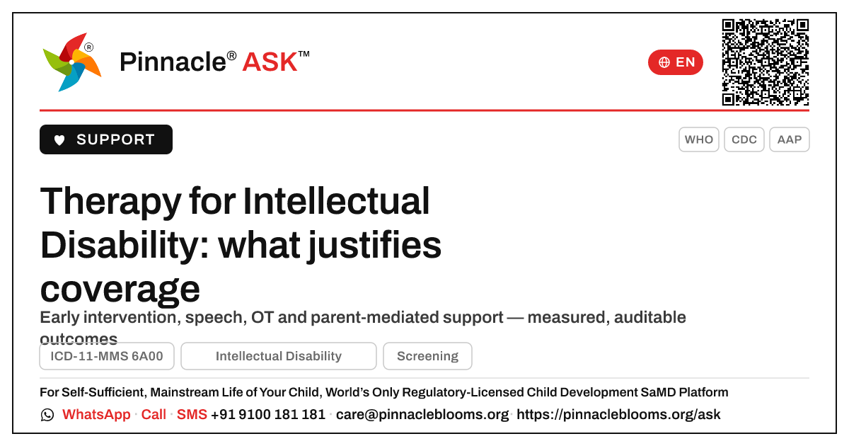 Early-childhood therapy for Intellectual Disability: what justifies coverage — Pinnacle Ask answer card with a short explanation and QR link