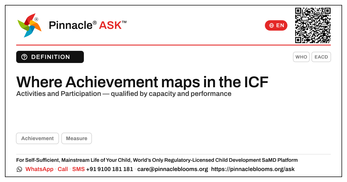 Which ICF functioning domain does Achievement map to in early childhood? — Pinnacle Ask answer card with a short explanation and QR link