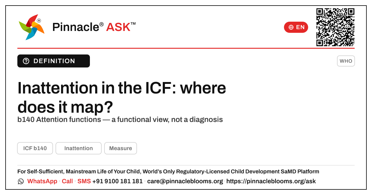 Which ICF functioning domain does inattention map to in early childhood? — Pinnacle Ask answer card with a short explanation and QR link
