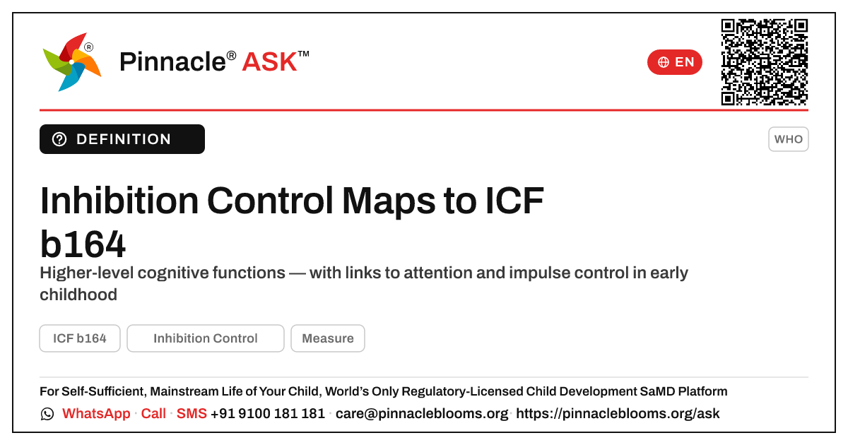 Inhibition Control and the ICF b164 Domain — Pinnacle Ask answer card with a short explanation and QR link