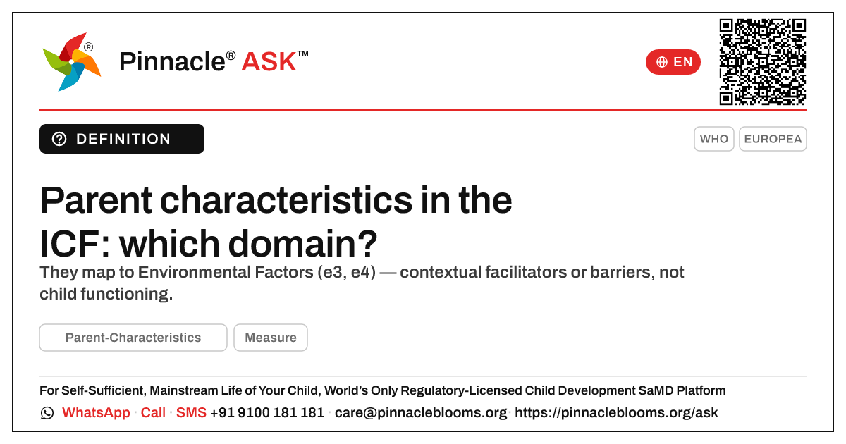 ICF mapping of parent characteristics in early childhood — Pinnacle Ask answer card with a short explanation and QR link