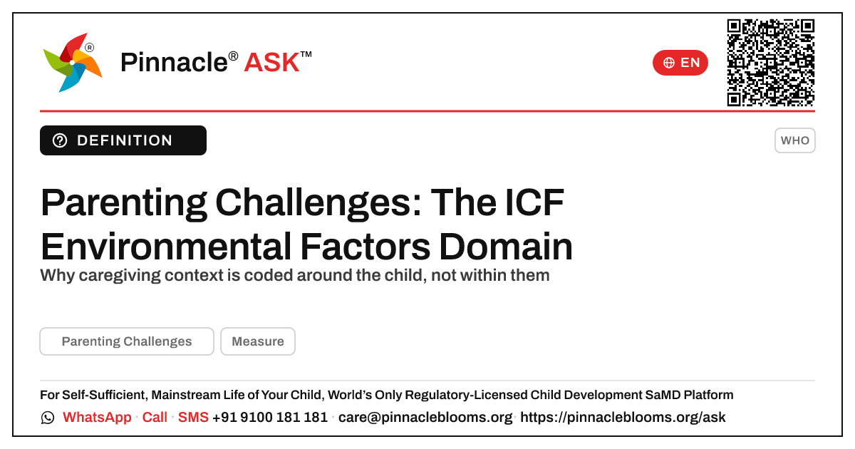 Parenting Challenges in the ICF Framework — Pinnacle Ask answer card with a short explanation and QR link