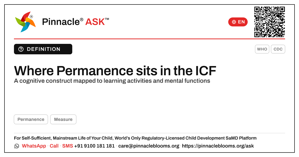 Permanence and the ICF functioning domain — Pinnacle Ask answer card with a short explanation and QR link