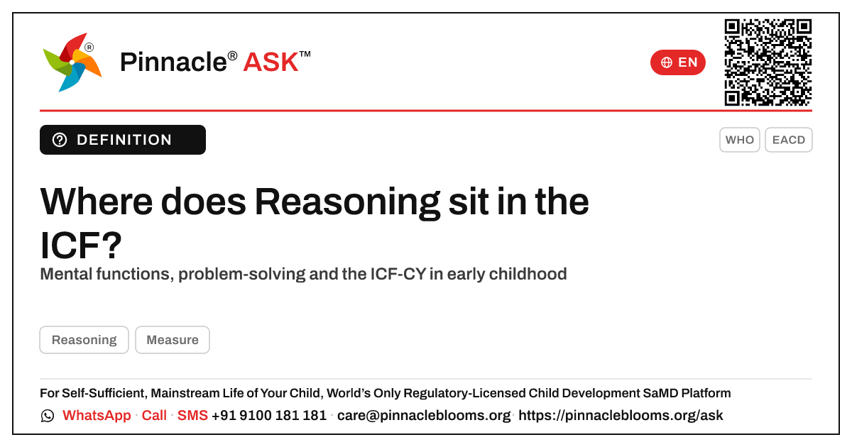 Which ICF functioning domain does Reasoning map to in early childhood? — Pinnacle Ask answer card with a short explanation and QR link