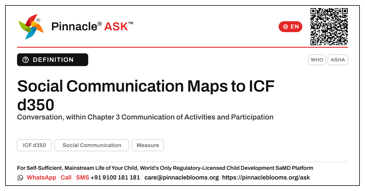 Social Communication and ICF d350 — Pinnacle Ask answer card with a short explanation and QR link