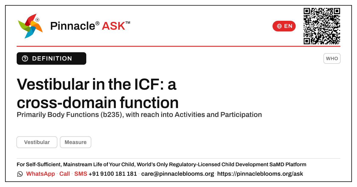 Which ICF functioning domain does the vestibular sense map to? — Pinnacle Ask answer card with a short explanation and QR link