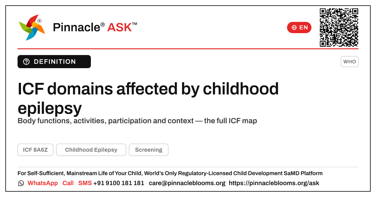 Which ICF functioning domains does childhood epilepsy affect in early childhood? — Pinnacle Ask answer card with a short explanation and QR link