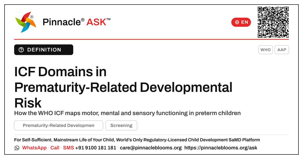 ICF Functioning Domains in Prematurity-Related Developmental Risk — Pinnacle Ask answer card with a short explanation and QR link