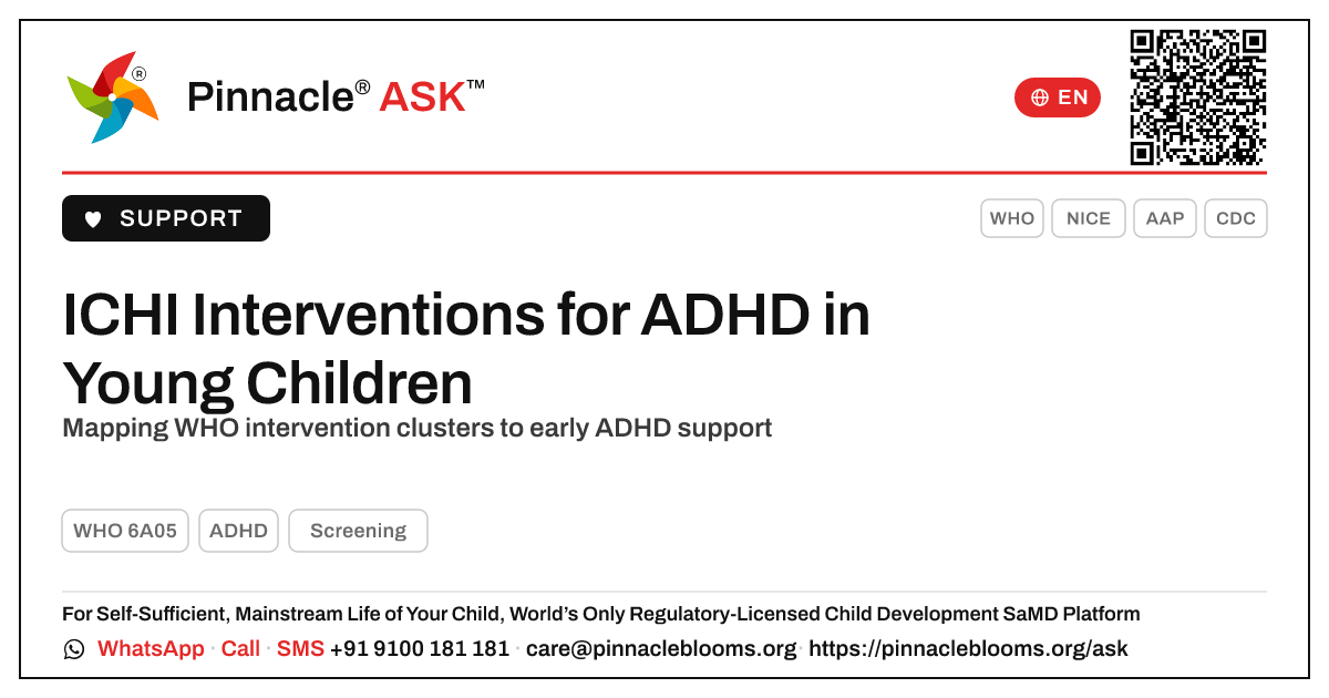 ICHI Interventions for ADHD in Young Children — Pinnacle Ask answer card with a short explanation and QR link