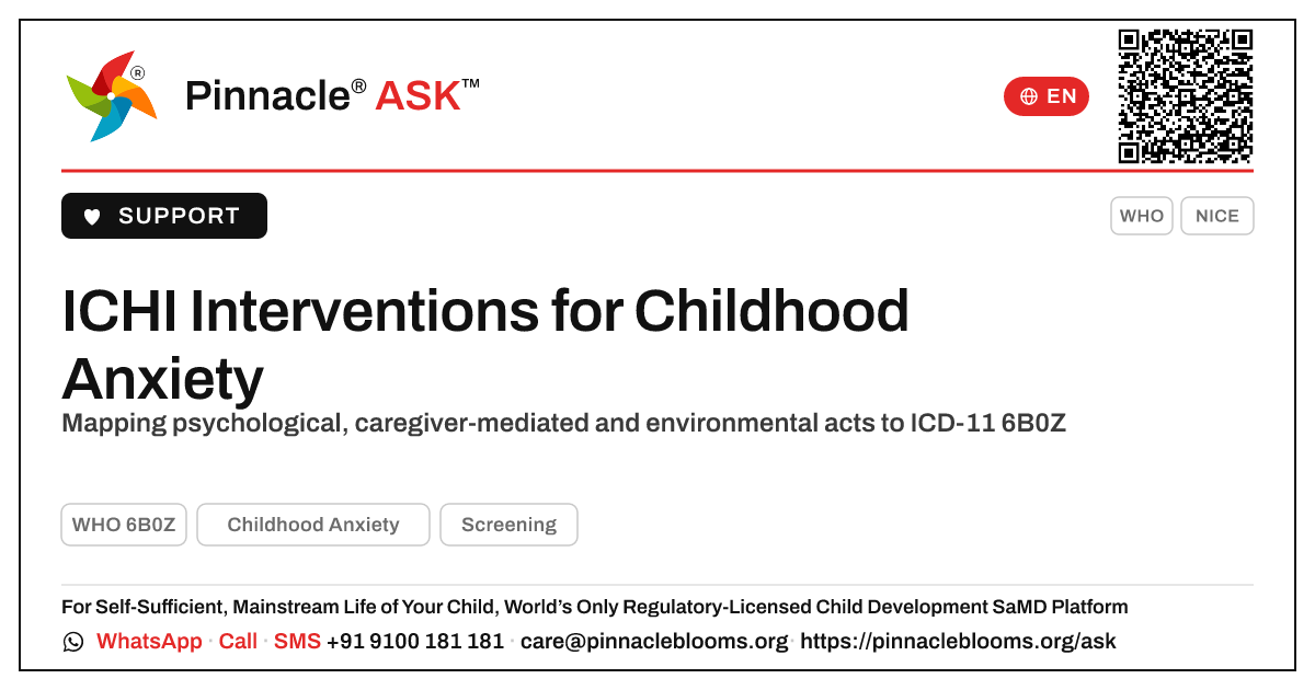 Which ICHI health interventions apply to childhood anxiety in young children? — Pinnacle Ask answer card with a short explanation and QR link