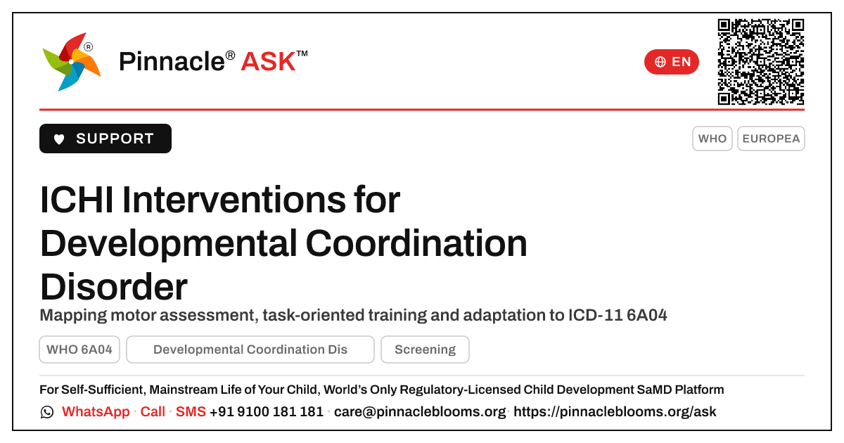 ICHI Interventions for Developmental Coordination Disorder — Pinnacle Ask answer card with a short explanation and QR link