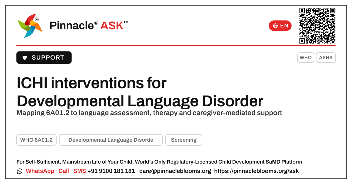 ICHI interventions for Developmental Language Disorder — Pinnacle Ask answer card with a short explanation and QR link