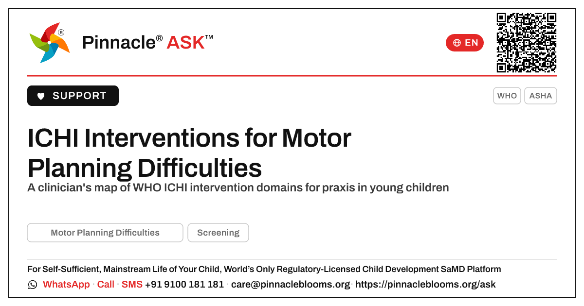 ICHI Interventions for Motor Planning Difficulties — Pinnacle Ask answer card with a short explanation and QR link