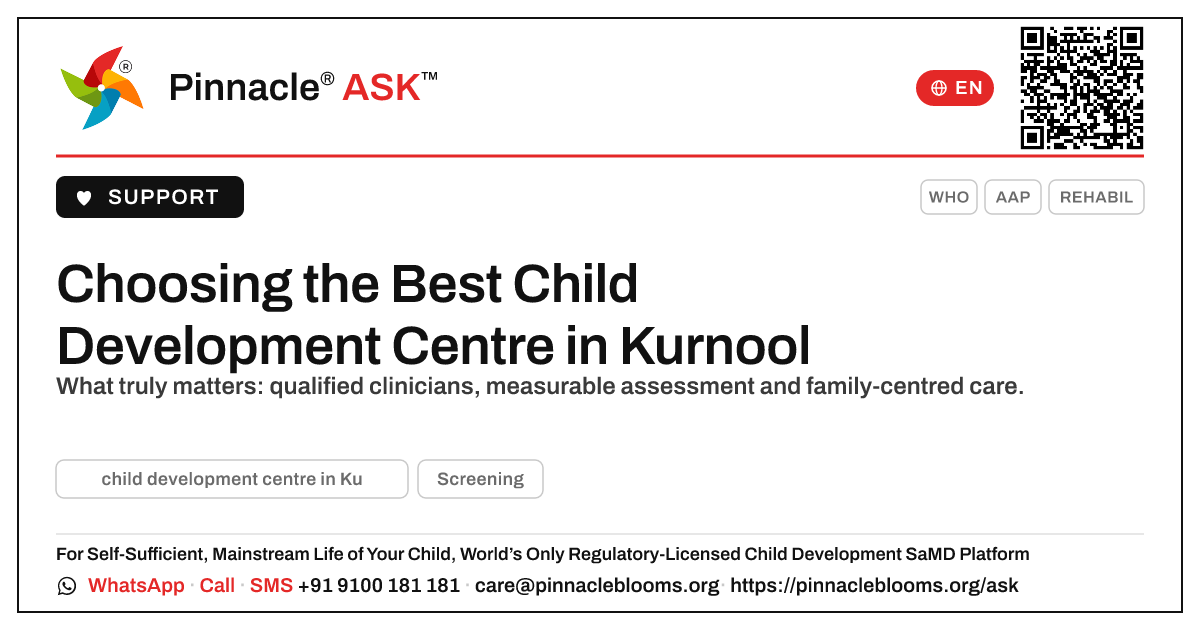 Which is the best child development centre in Kurnool? — Pinnacle Ask answer card with a short explanation and QR link