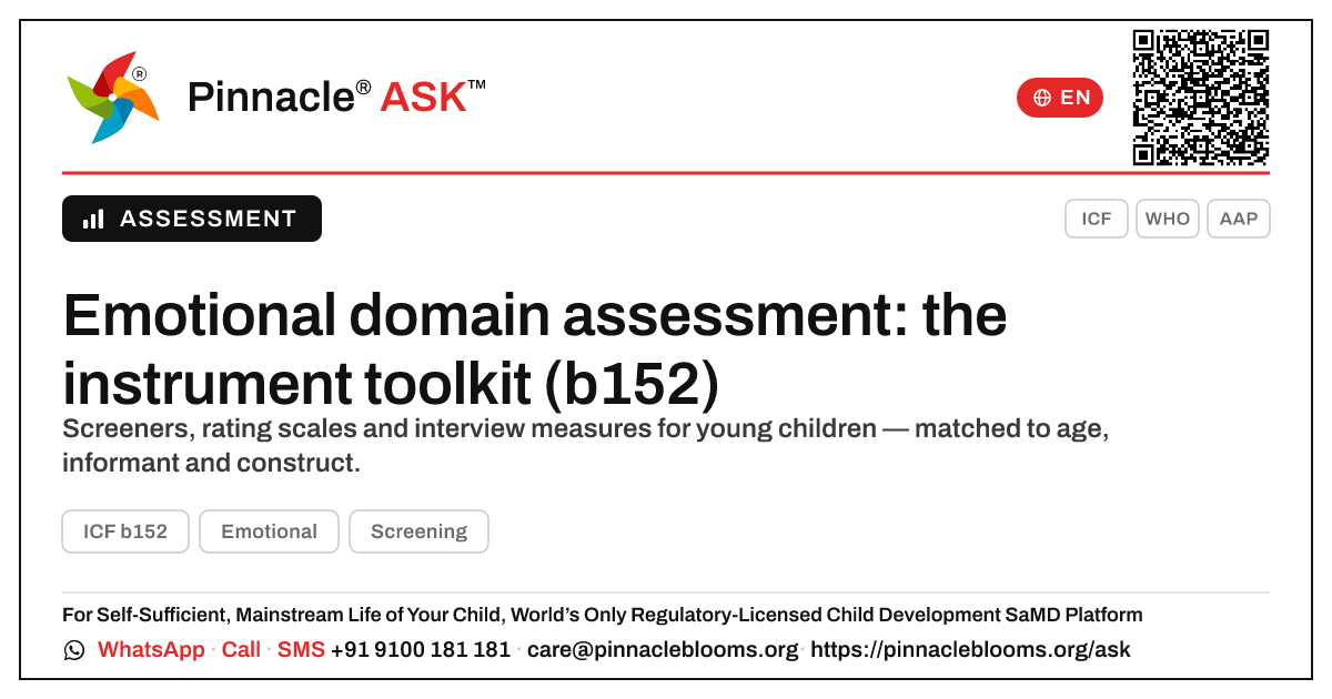Standardised instruments for the emotional domain in young children — Pinnacle Ask answer card with a short explanation and QR link