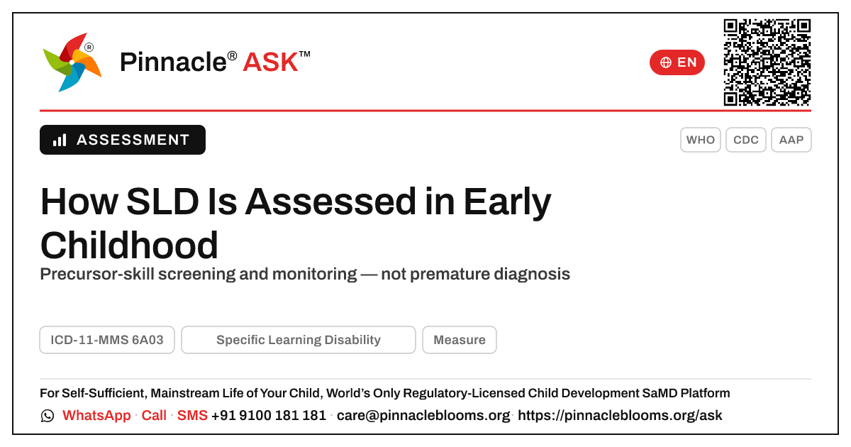 SLD Assessment Tools in Early Childhood — Pinnacle Ask answer card with a short explanation and QR link