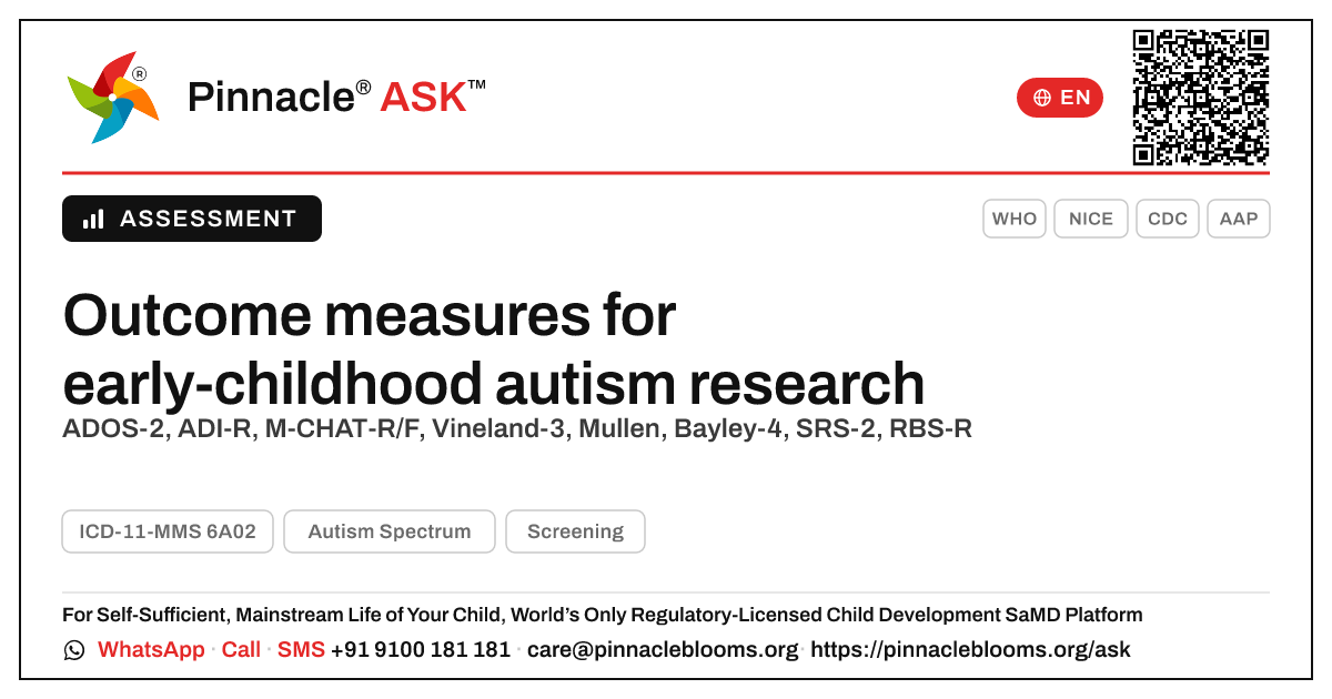 Validated outcome measures for early-childhood autism research — Pinnacle Ask answer card with a short explanation and QR link