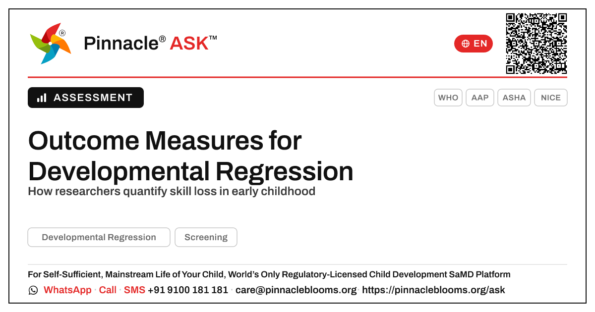 Validated outcome measures for developmental regression — Pinnacle Ask answer card with a short explanation and QR link