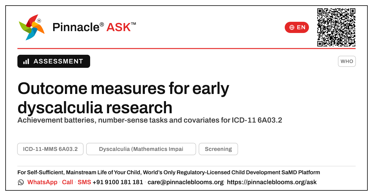 Validated outcome measures for early-childhood dyscalculia research — Pinnacle Ask answer card with a short explanation and QR link