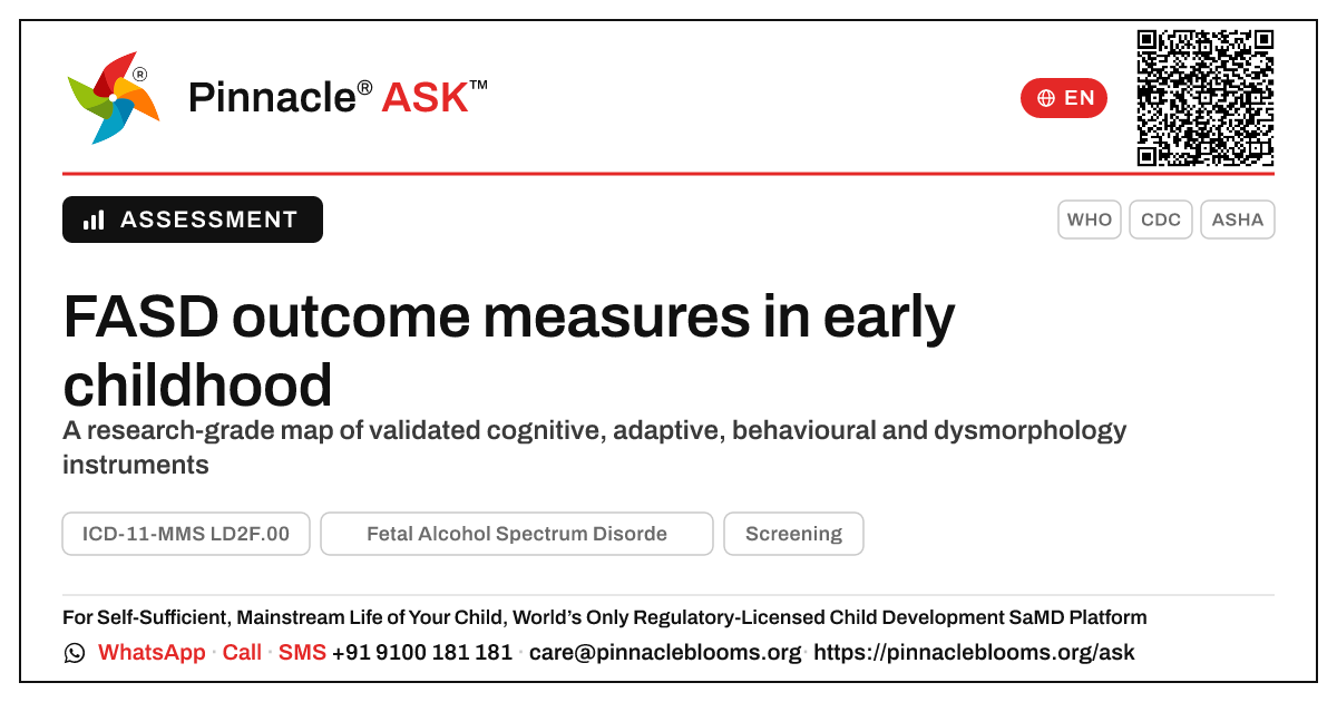 Validated outcome measures for FASD in early childhood — Pinnacle Ask answer card with a short explanation and QR link