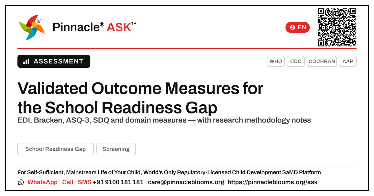 Validated Outcome Measures for the School Readiness Gap — Pinnacle Ask answer card with a short explanation and QR link