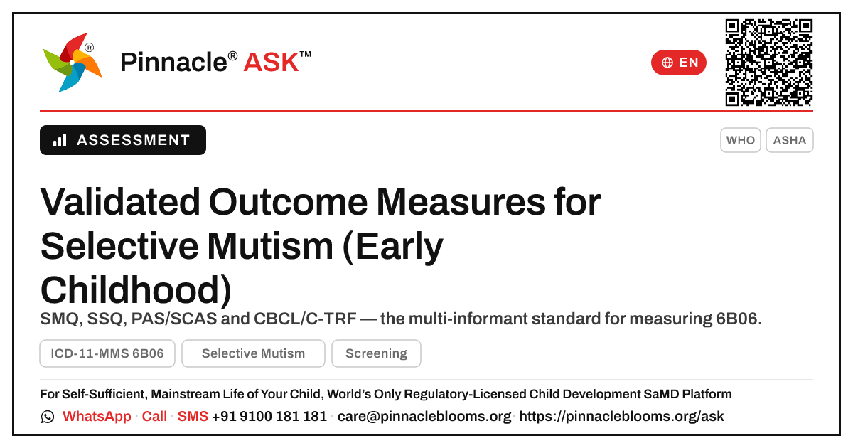 Validated Outcome Measures for Selective Mutism in Early Childhood — Pinnacle Ask answer card with a short explanation and QR link
