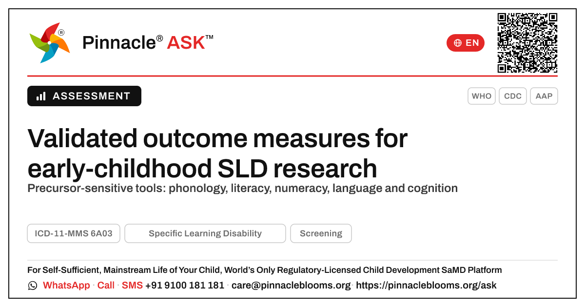 Validated outcome measures for early-childhood SLD research — Pinnacle Ask answer card with a short explanation and QR link