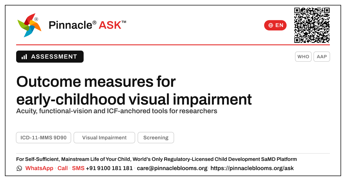 Validated outcome measures for early-childhood visual impairment — Pinnacle Ask answer card with a short explanation and QR link