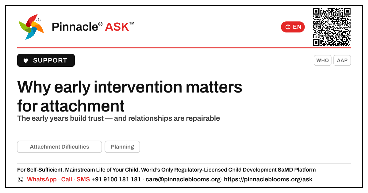 Why does early intervention matter for Attachment Difficulties? — Pinnacle Ask answer card with a short explanation and QR link