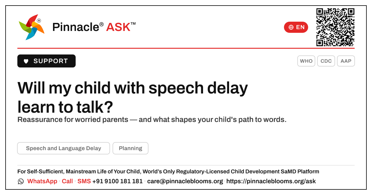 Will a child with speech and language delay learn to talk? — Pinnacle Ask answer card with a short explanation and QR link